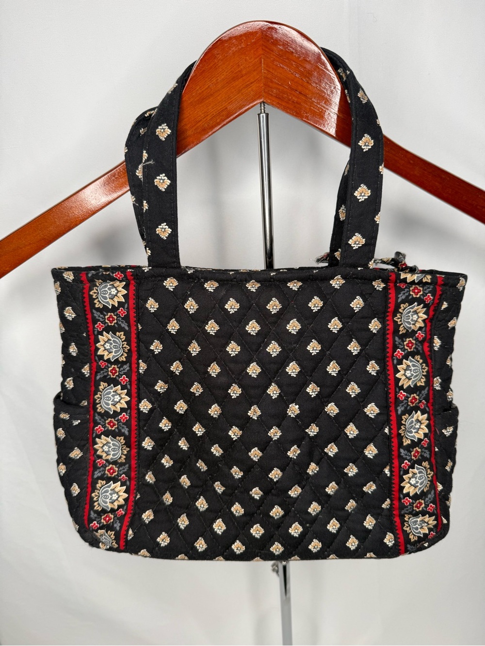 Vera Bradley Hampton Handbag Black Quilted Tote with Red Floral Trim